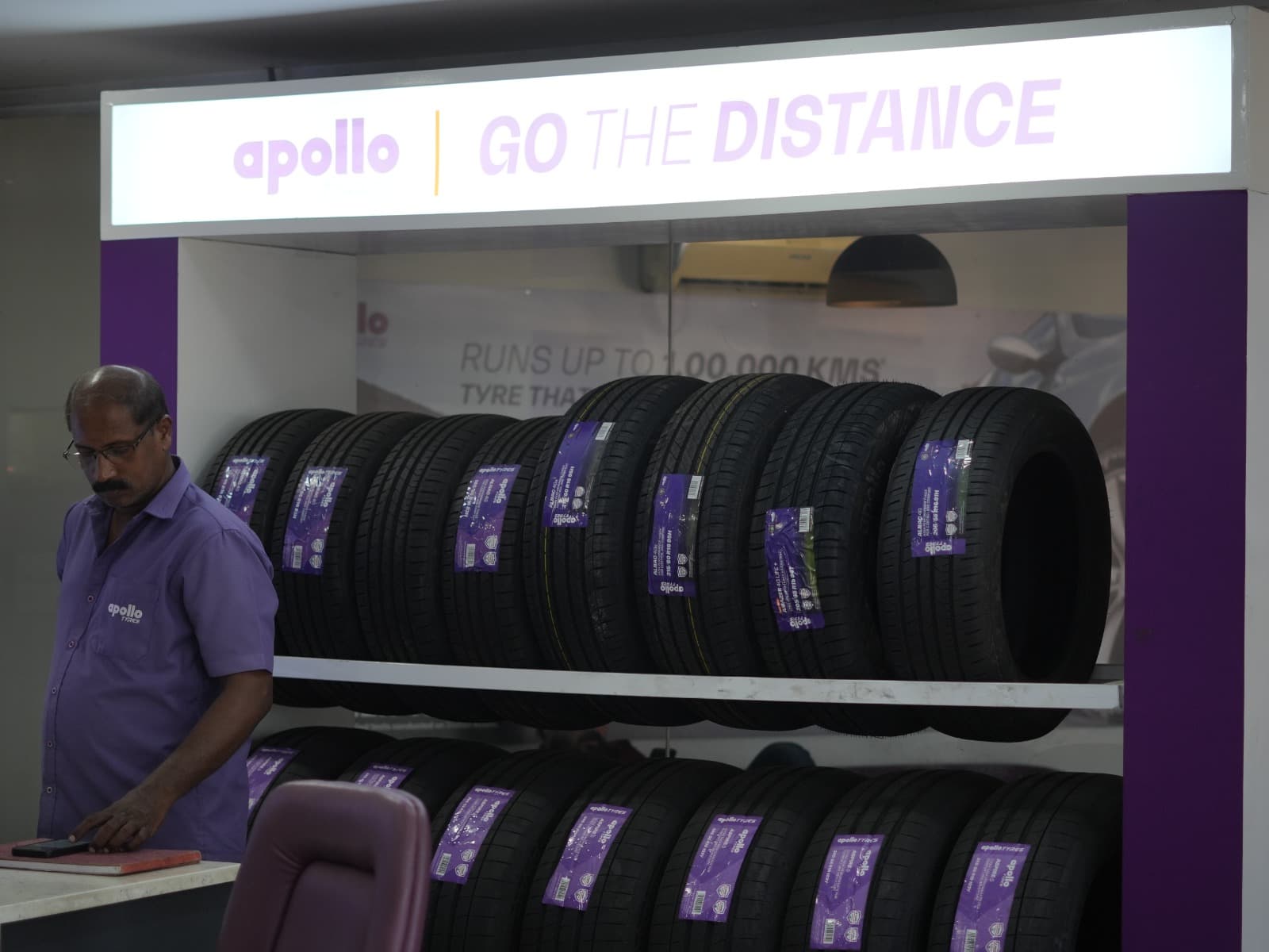 Apollo Tyres display stand in the showroom