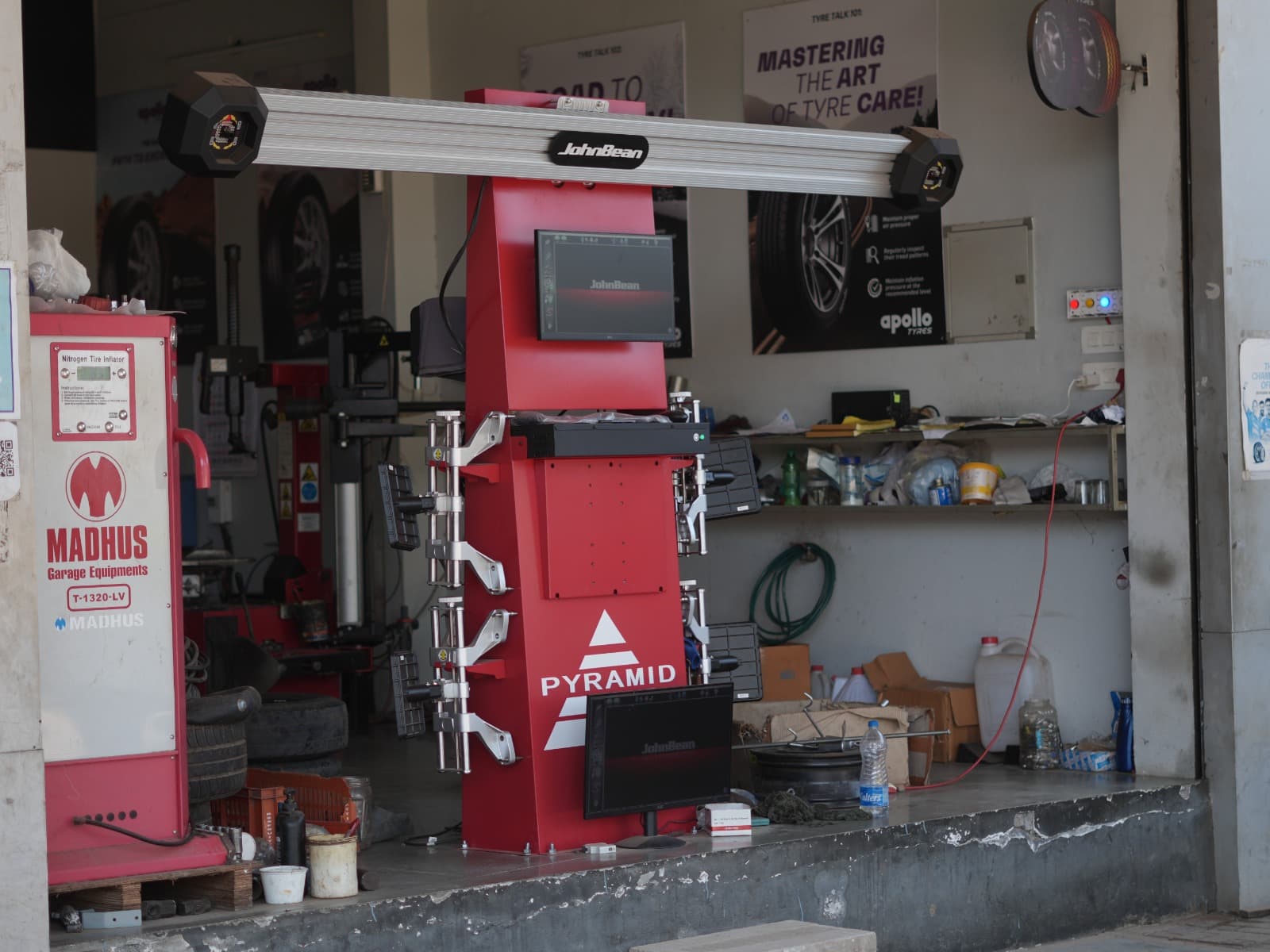 Wheel alignment bay viewed from the workshop entrance